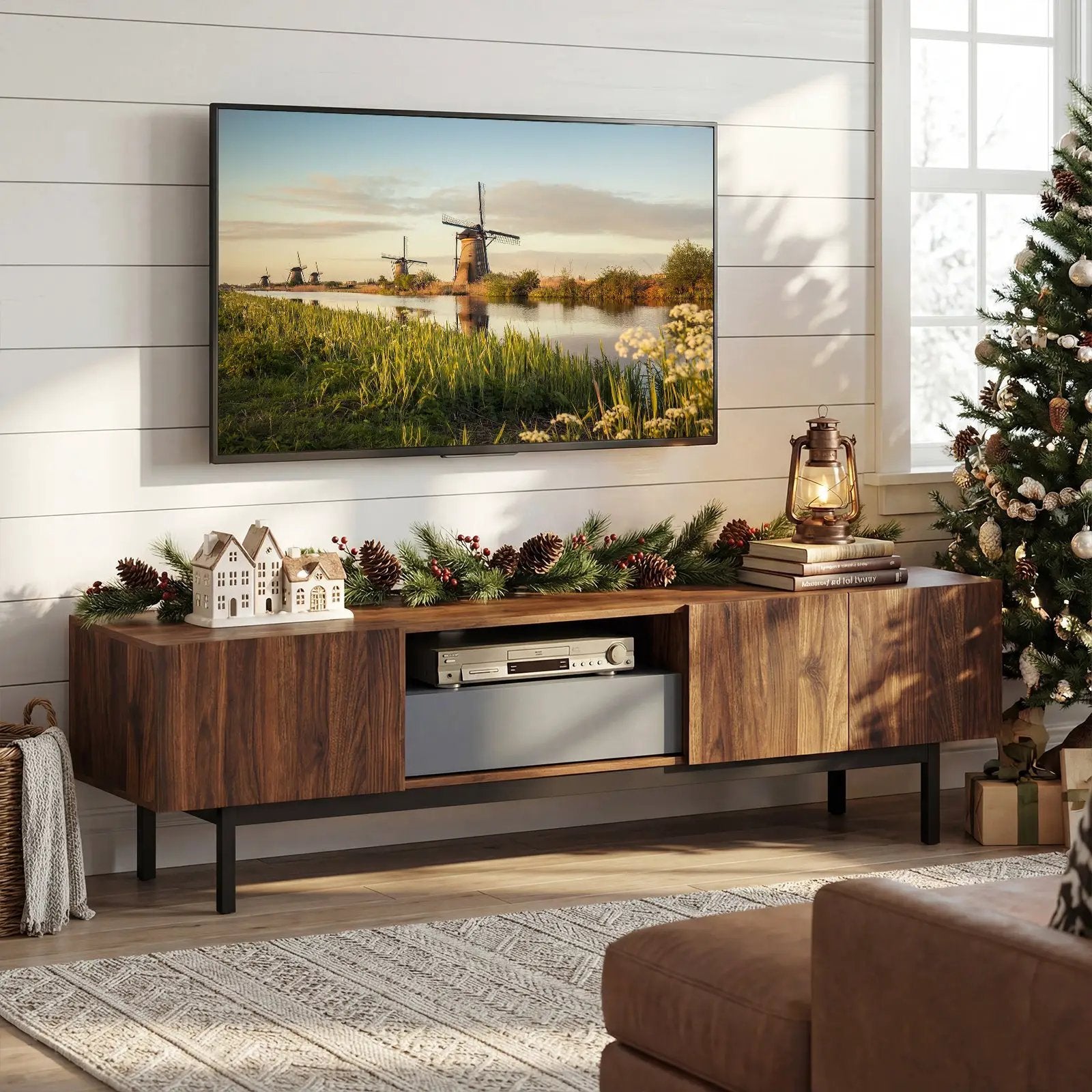 Modern Mid Century TV Cabinetfor TVs up to 82" with Drawer-Walnut by DirectDeals