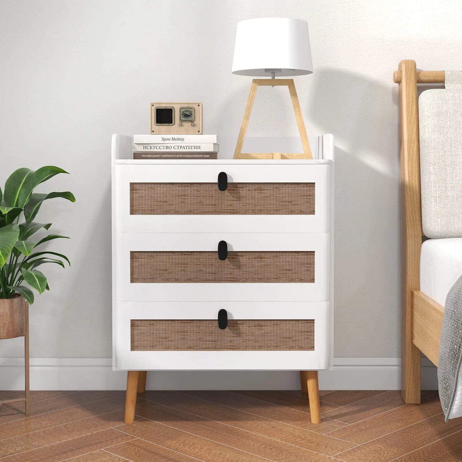 Modern End Table with 3 Rattan Decorated Drawers-White by DirectDeals