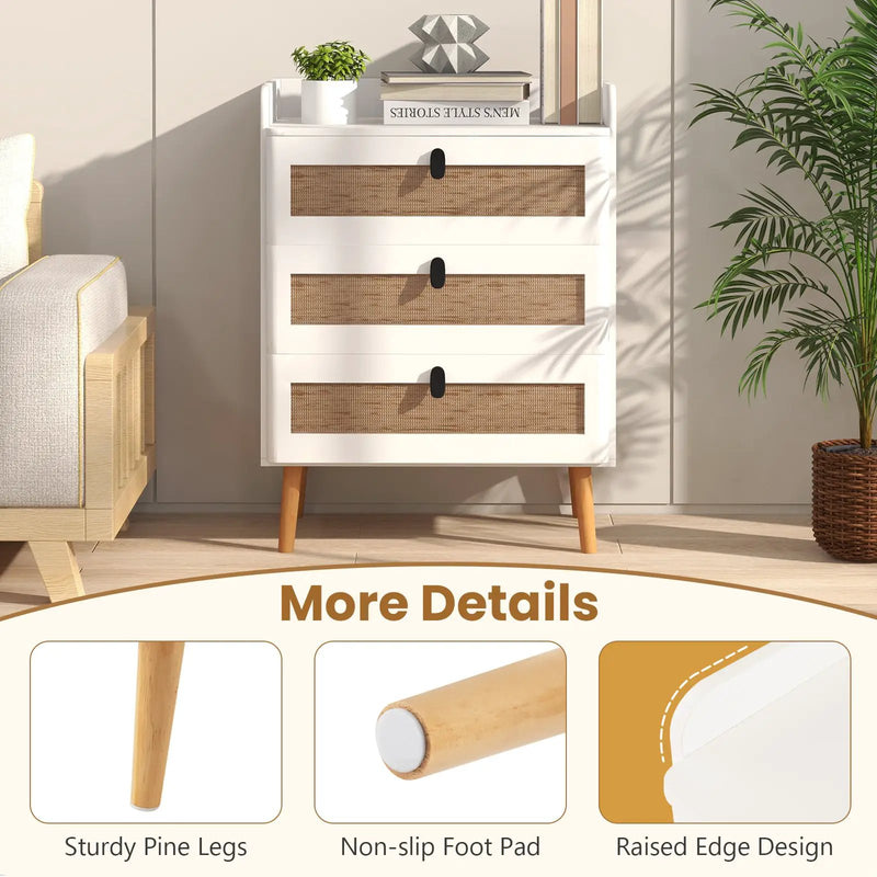 Modern End Table with 3 Rattan Decorated Drawers-White by DirectDeals