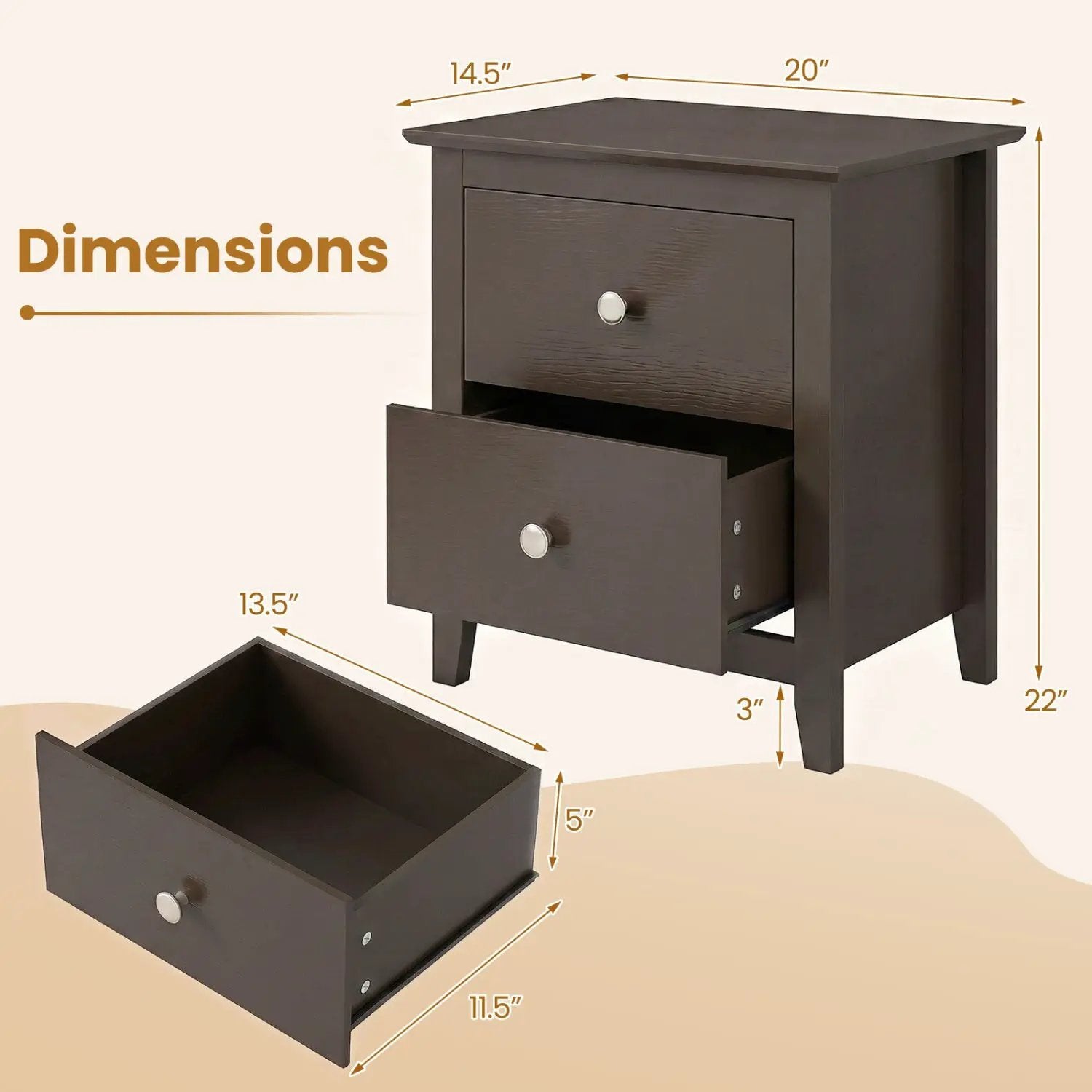 Modern Nightstand with 2 Drawers for Small Spaces by DirectDeals