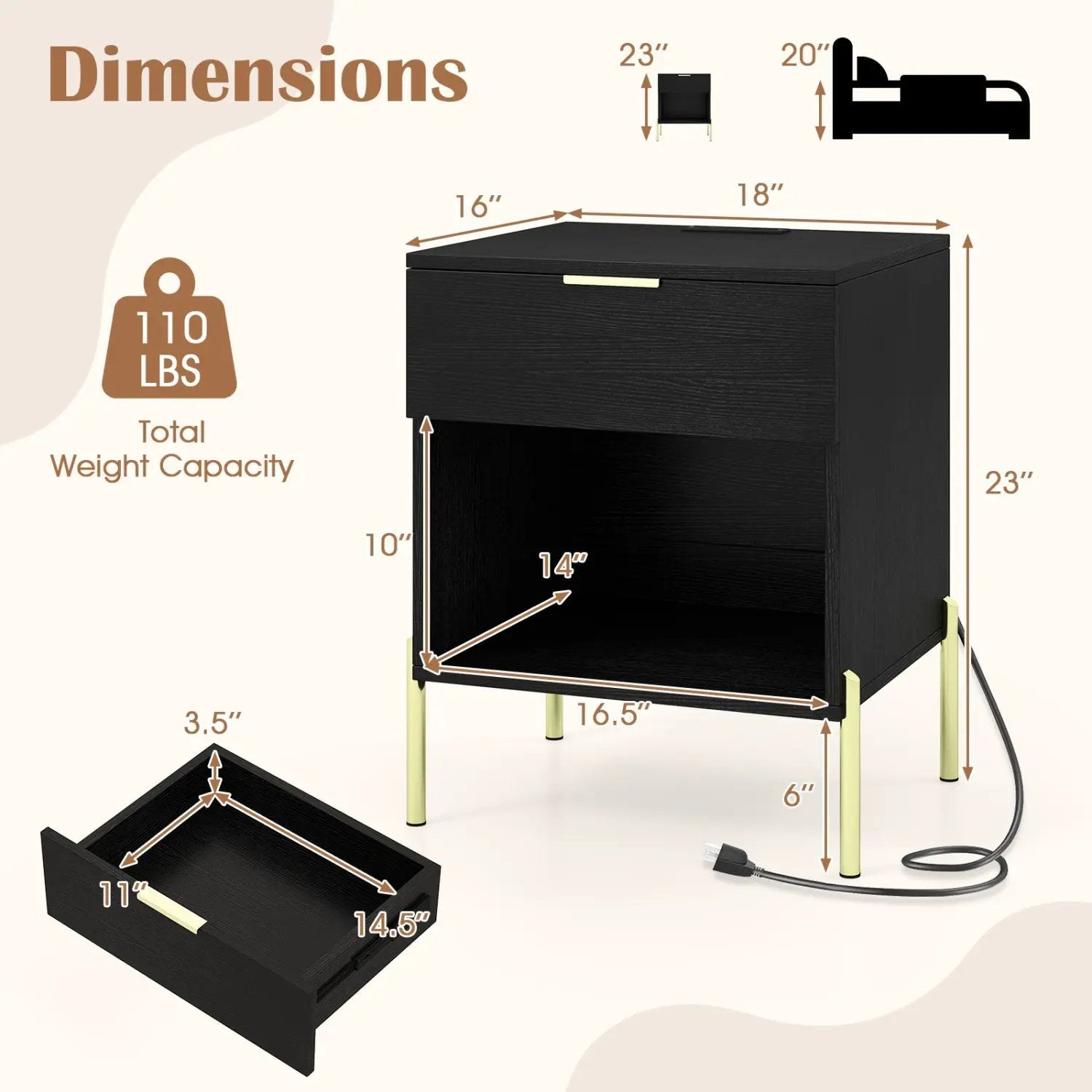 Nightstand with Charging Station and Storage Drawer by DirectDeals