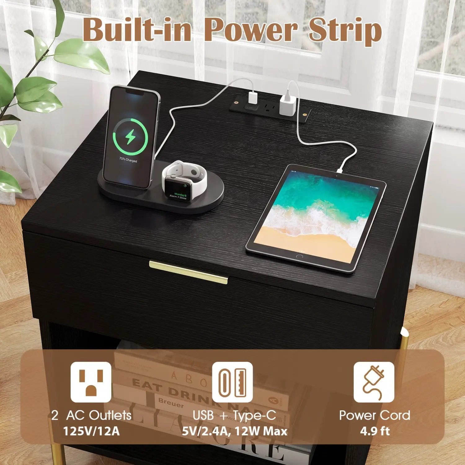 Nightstand with Charging Station and Storage Drawer by DirectDeals