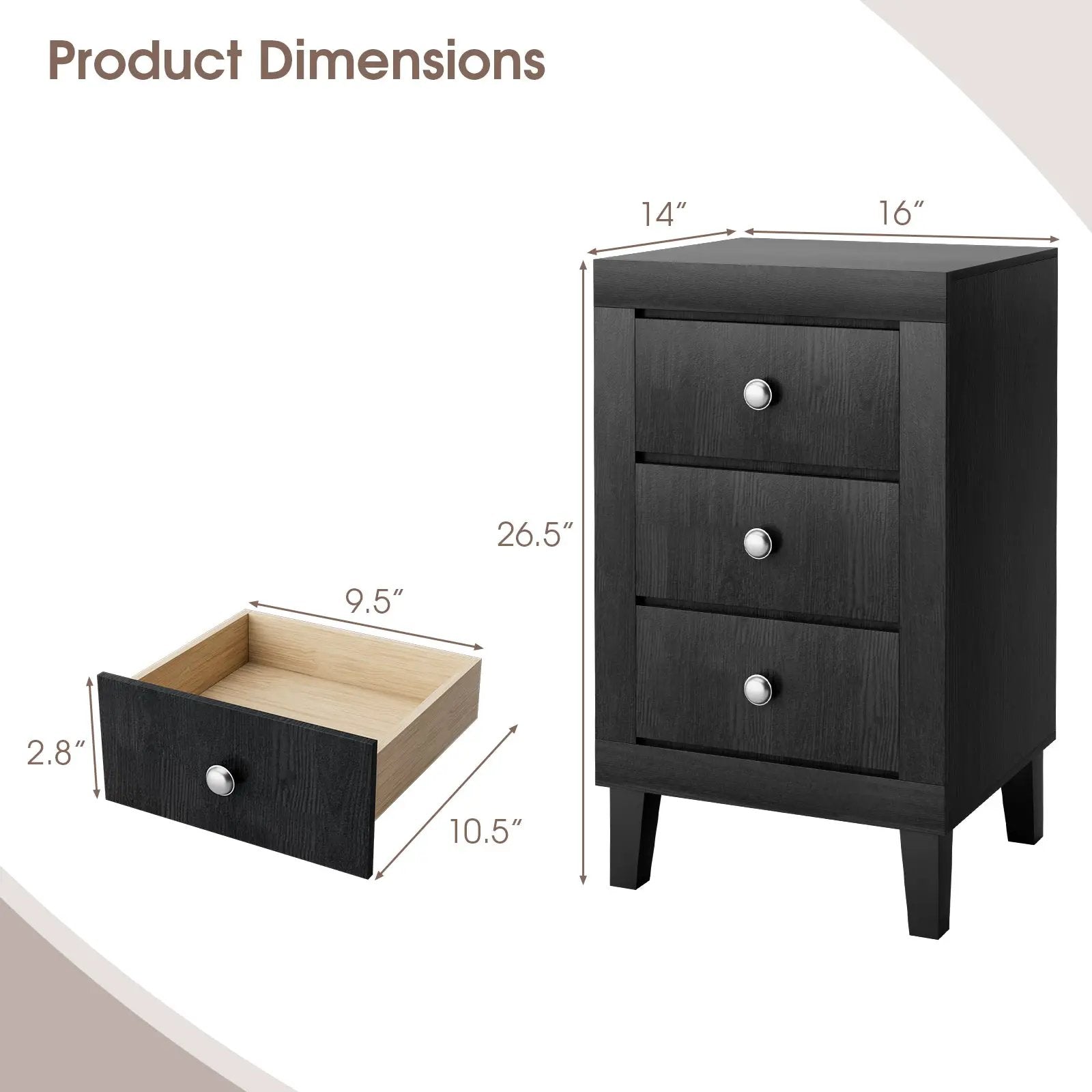 Modern Nightstand with 3 Drawers for Bedroom Living Room by DirectDeals