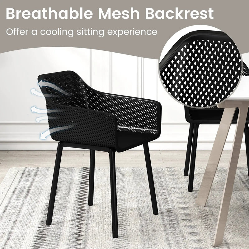 Modern Plastic Dining Chairs Set of 4 Kitchen Armchairs with Breathable Mesh Backrest-Black by DirectDeals