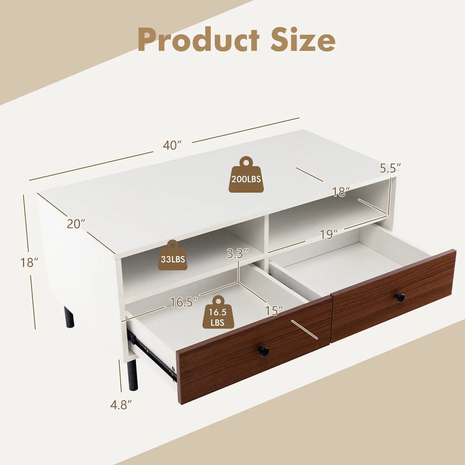 2 Tier 40 Inch Length Modern Rectangle Coffee Table with Storage Shelf and Drawers-White by DirectDeals
