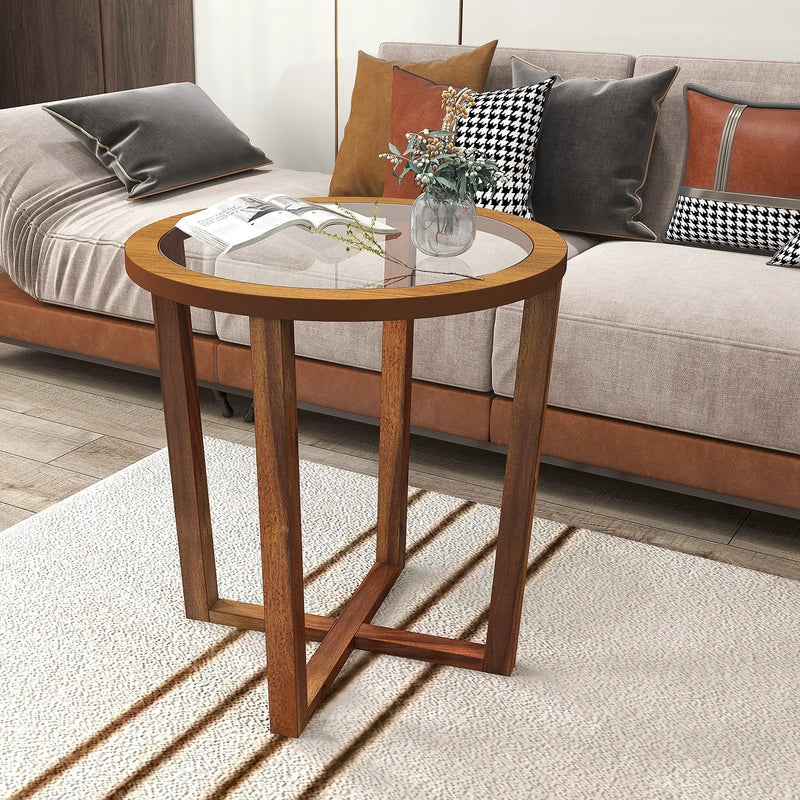 Modern Round End Table Sofa Side Table with Transparent Tempered Glass Top-Brown by DirectDeals