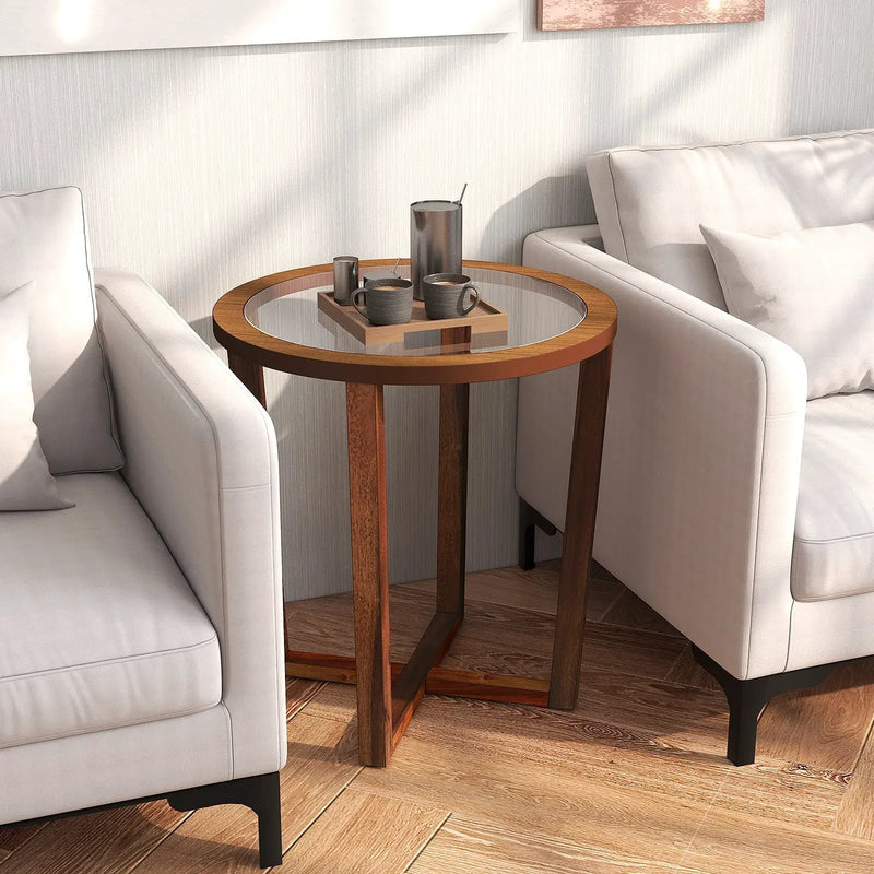 Modern Round End Table Sofa Side Table with Transparent Tempered Glass Top-Brown by DirectDeals