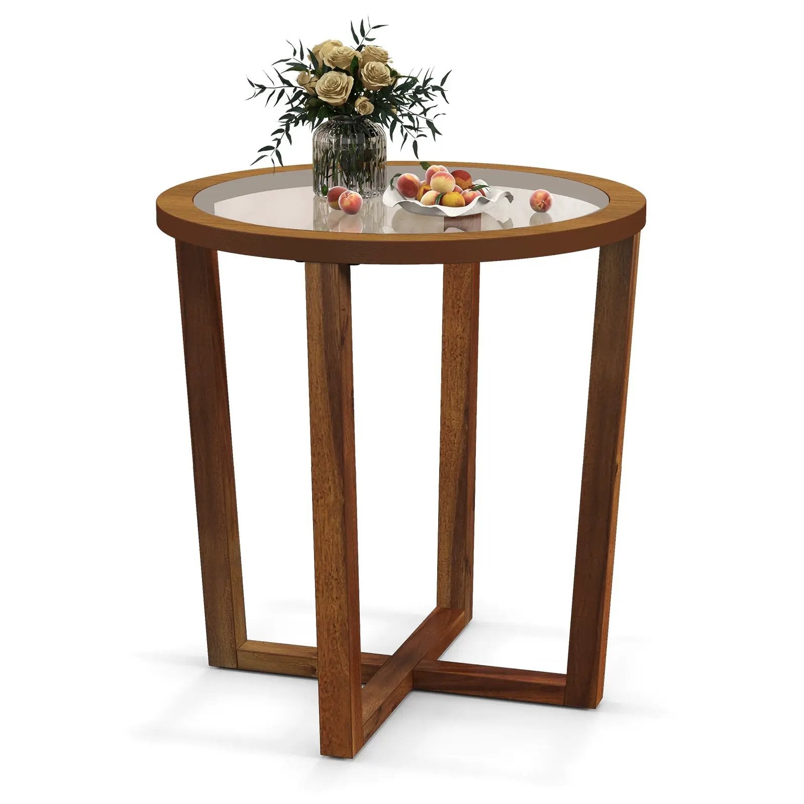 Modern Round End Table Sofa Side Table with Transparent Tempered Glass Top-Brown by DirectDeals