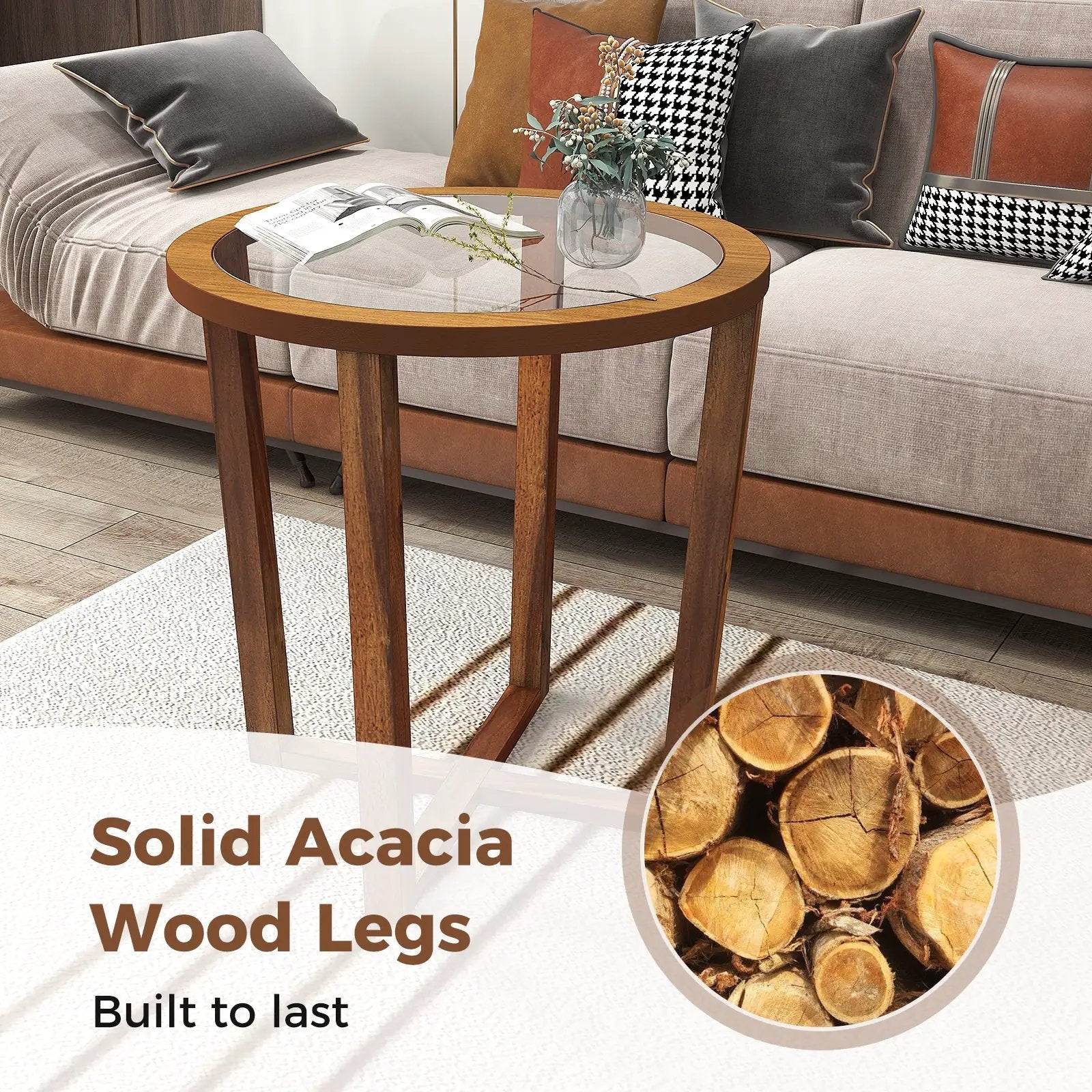 Modern Round End Table Sofa Side Table with Transparent Tempered Glass Top-Brown by DirectDeals