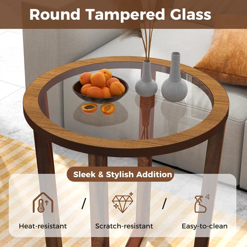 Modern Round End Table Sofa Side Table with Transparent Tempered Glass Top-Brown by DirectDeals