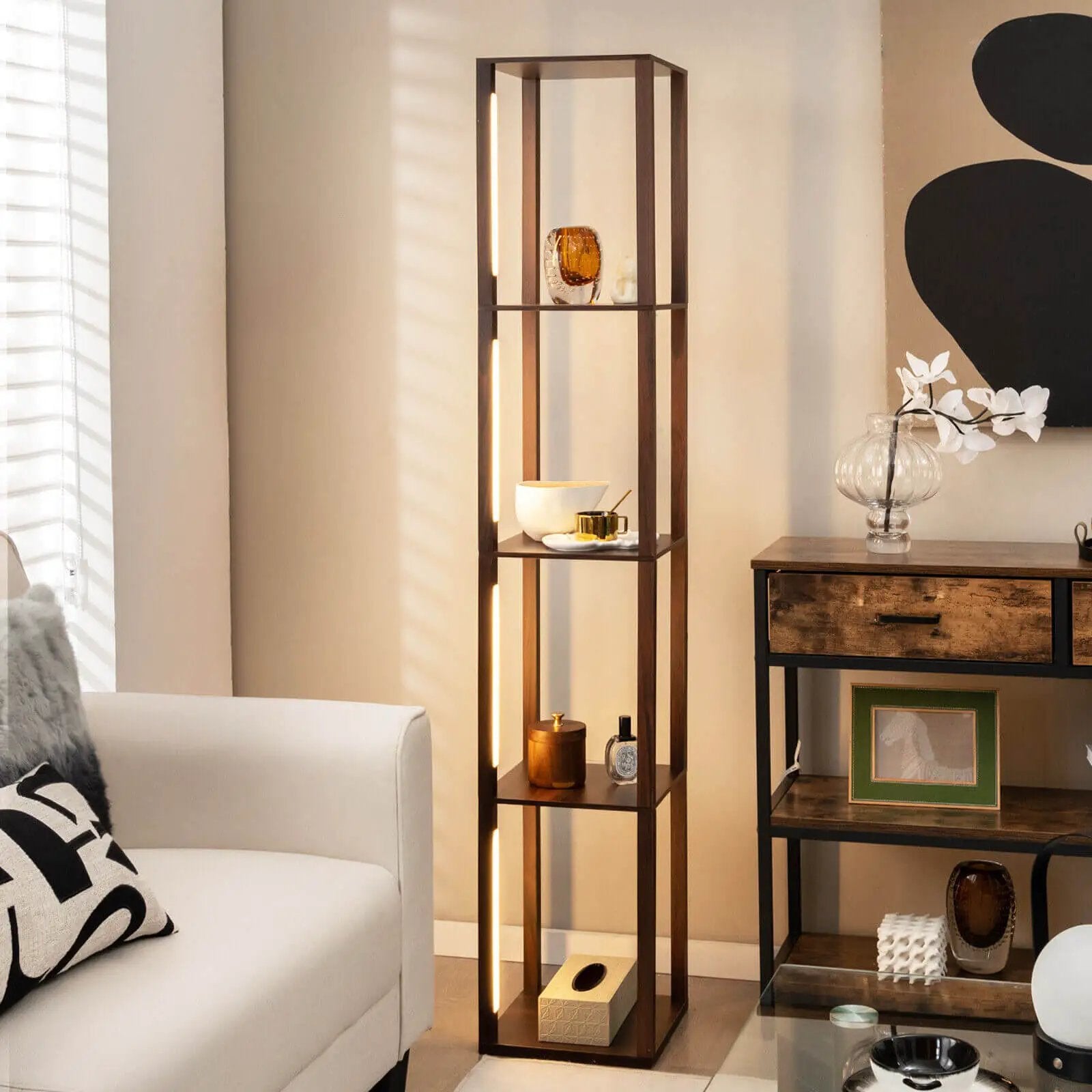 64 Inches Floor Lamp with 3-Level Dimmable LED Bulbs and Rotatable LED Poles-Walnut by DirectDeals