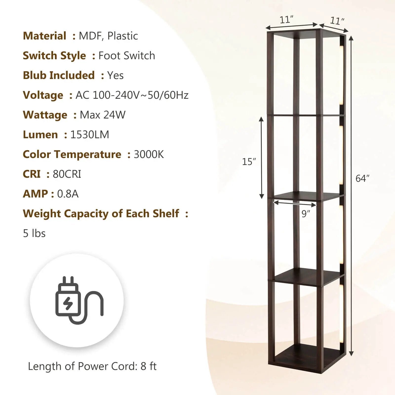 64 Inches Floor Lamp with 3-Level Dimmable LED Bulbs and Rotatable LED Poles-Walnut by DirectDeals