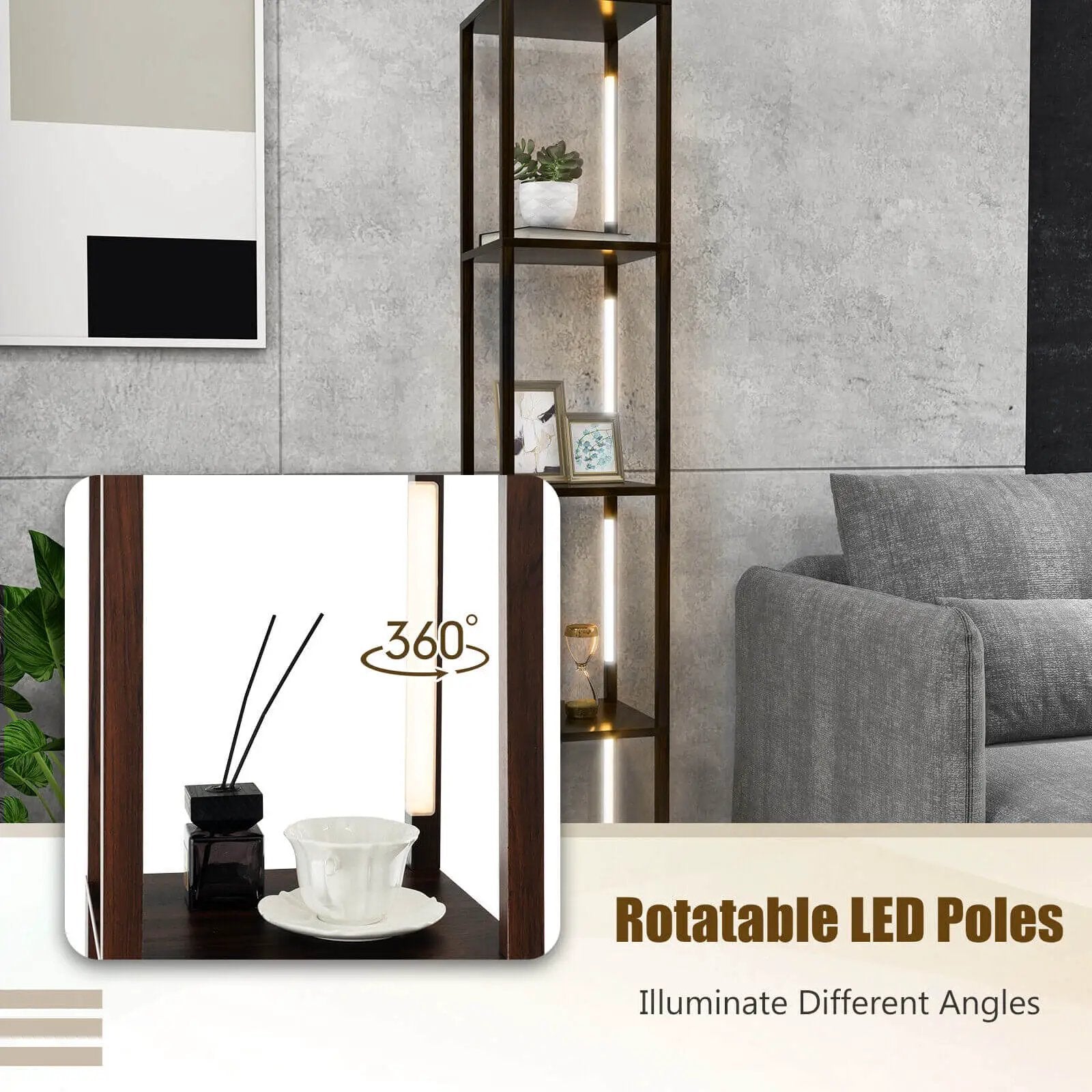 64 Inches Floor Lamp with 3-Level Dimmable LED Bulbs and Rotatable LED Poles-Walnut by DirectDeals