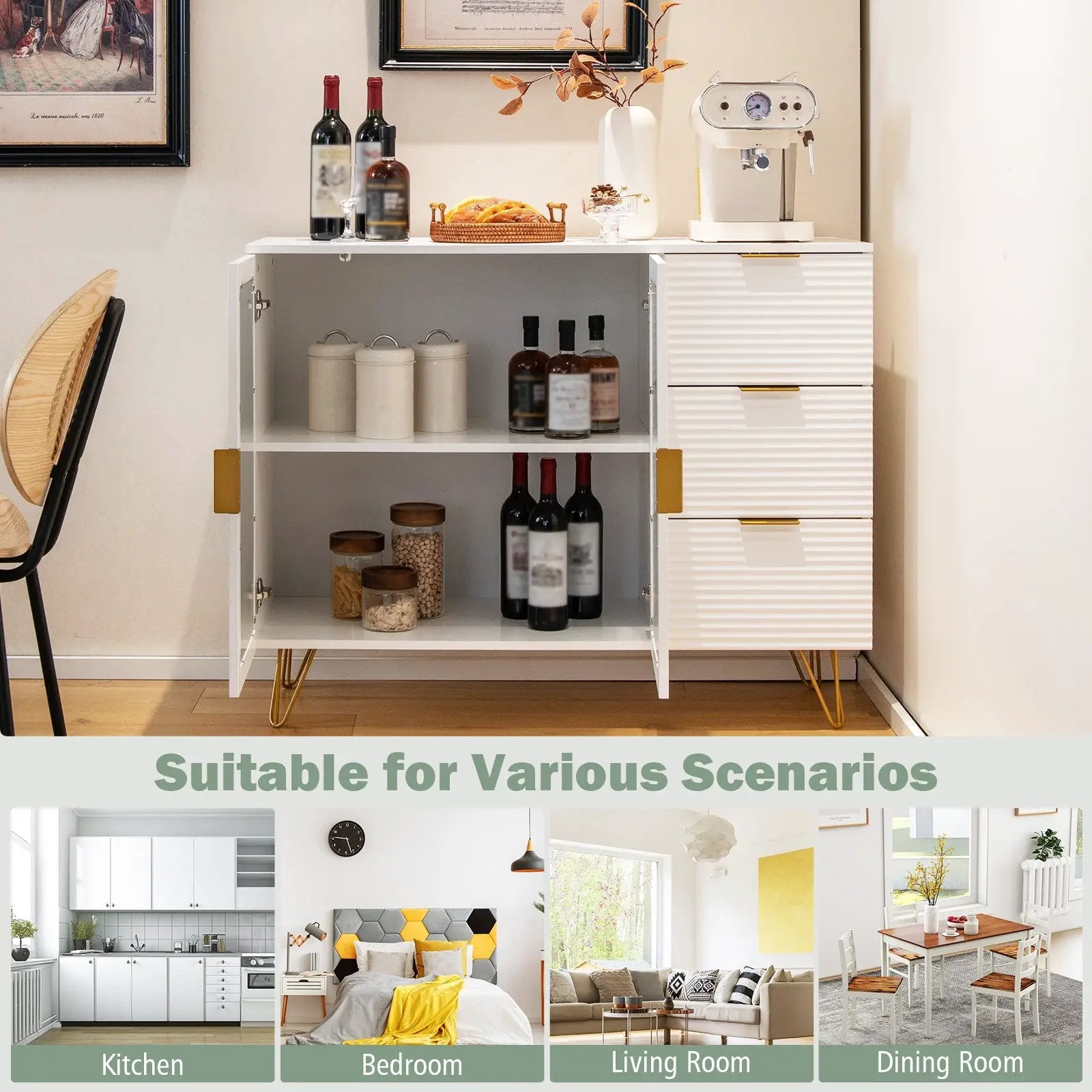 Modern Sideboard Buffet Cabinet with 2 Doors and 3 Drawers for Living Room Dining Room-White by DirectDeals