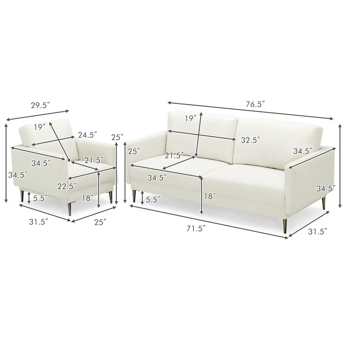 Modern Sofa Couch with Solid Metal Legs and Removable Backrest Cushion-Gray, photo 10 of 16