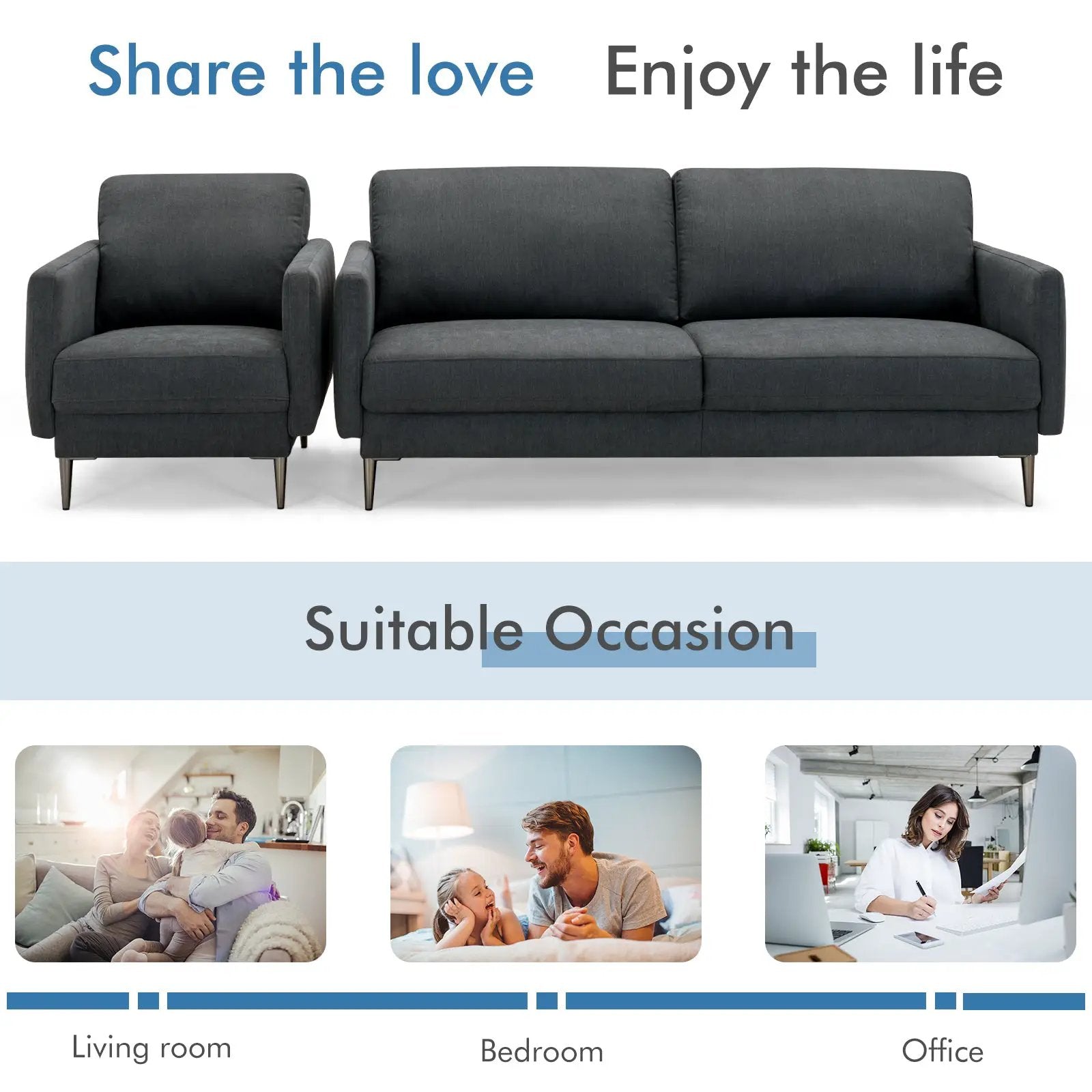 Modern Sofa Couch with Solid Metal Legs and Removable Backrest Cushion-Gray by DirectDeals