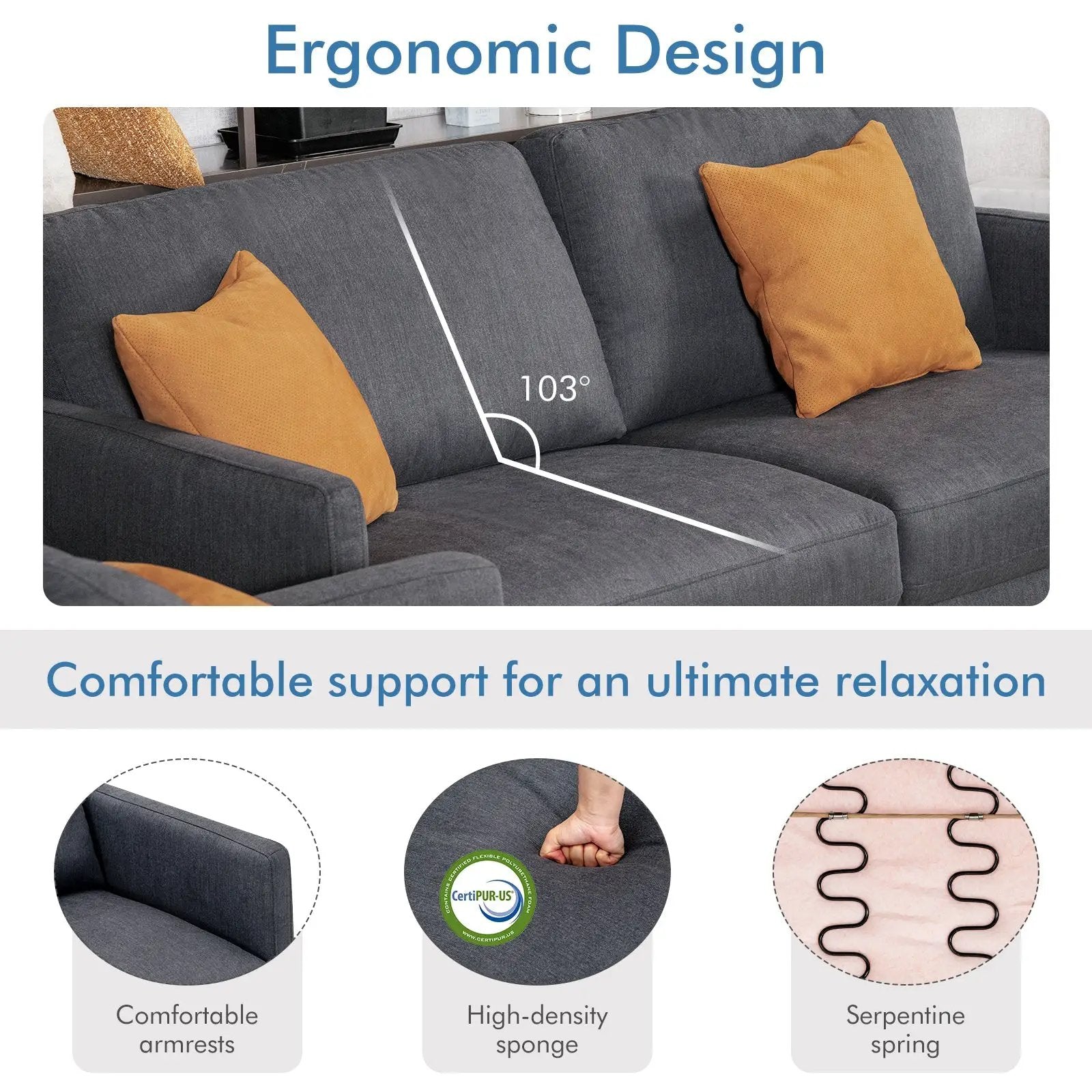 Modern Sofa Couch with Solid Metal Legs and Removable Backrest Cushion-Gray by DirectDeals