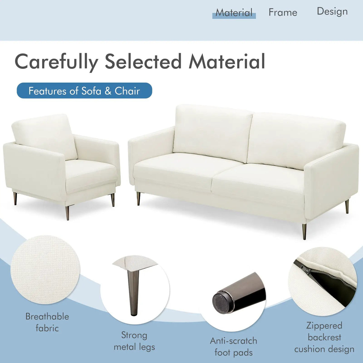 Modern Sofa Couch with Solid Metal Legs and Removable Backrest Cushion-Gray, photo 14 of 16