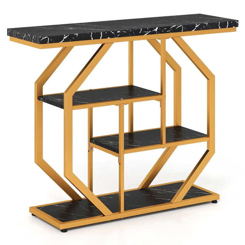 Modern Sofa Table Behind Couch 4-Tier Console Table with Faux Marble Tabletop-Black by DirectDeals