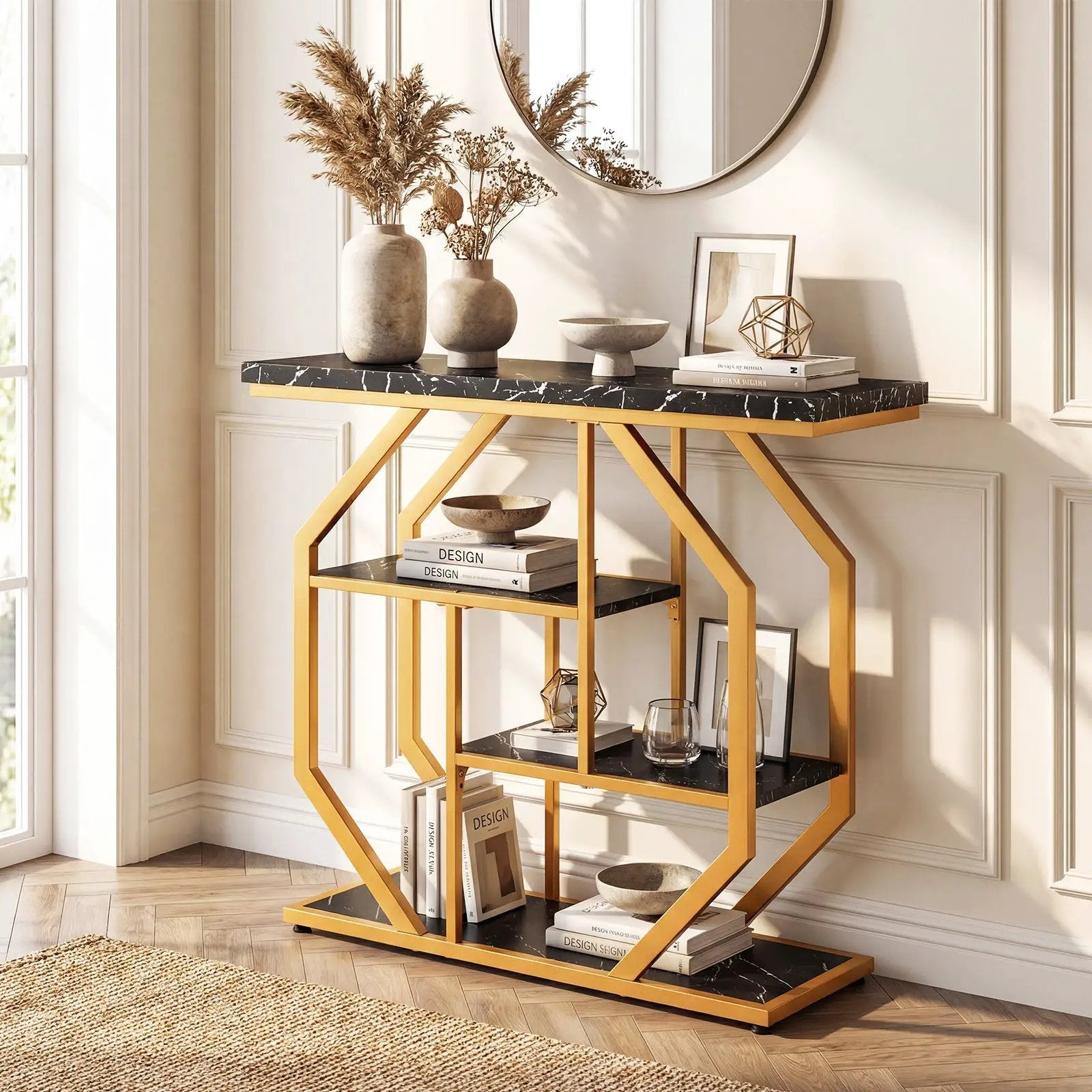 Modern Sofa Table Behind Couch 4-Tier Console Table with Faux Marble Tabletop-Black by DirectDeals