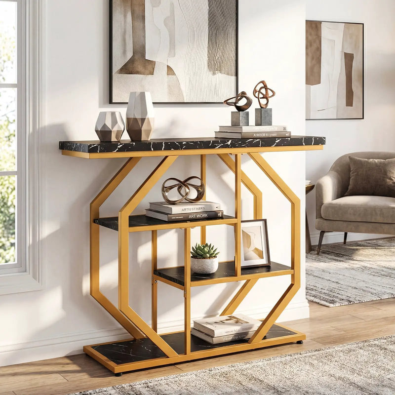 Modern Sofa Table Behind Couch 4-Tier Console Table with Faux Marble Tabletop-Black by DirectDeals