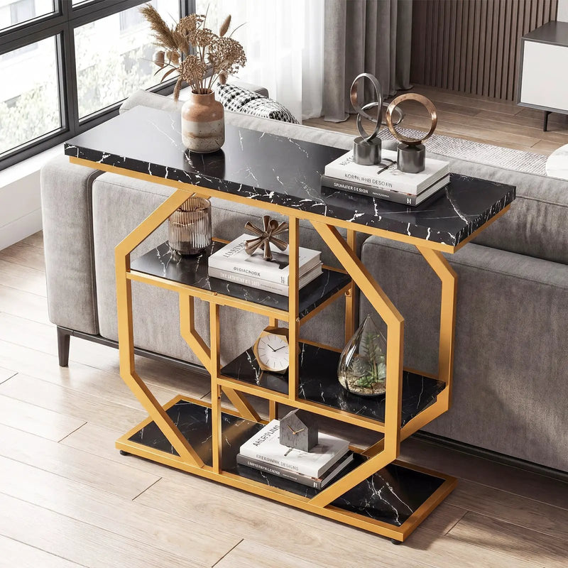 Modern Sofa Table Behind Couch 4-Tier Console Table with Faux Marble Tabletop-Black by DirectDeals