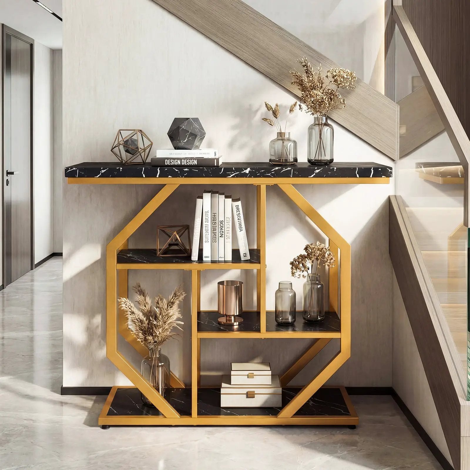 Modern Sofa Table Behind Couch 4-Tier Console Table with Faux Marble Tabletop-Black by DirectDeals