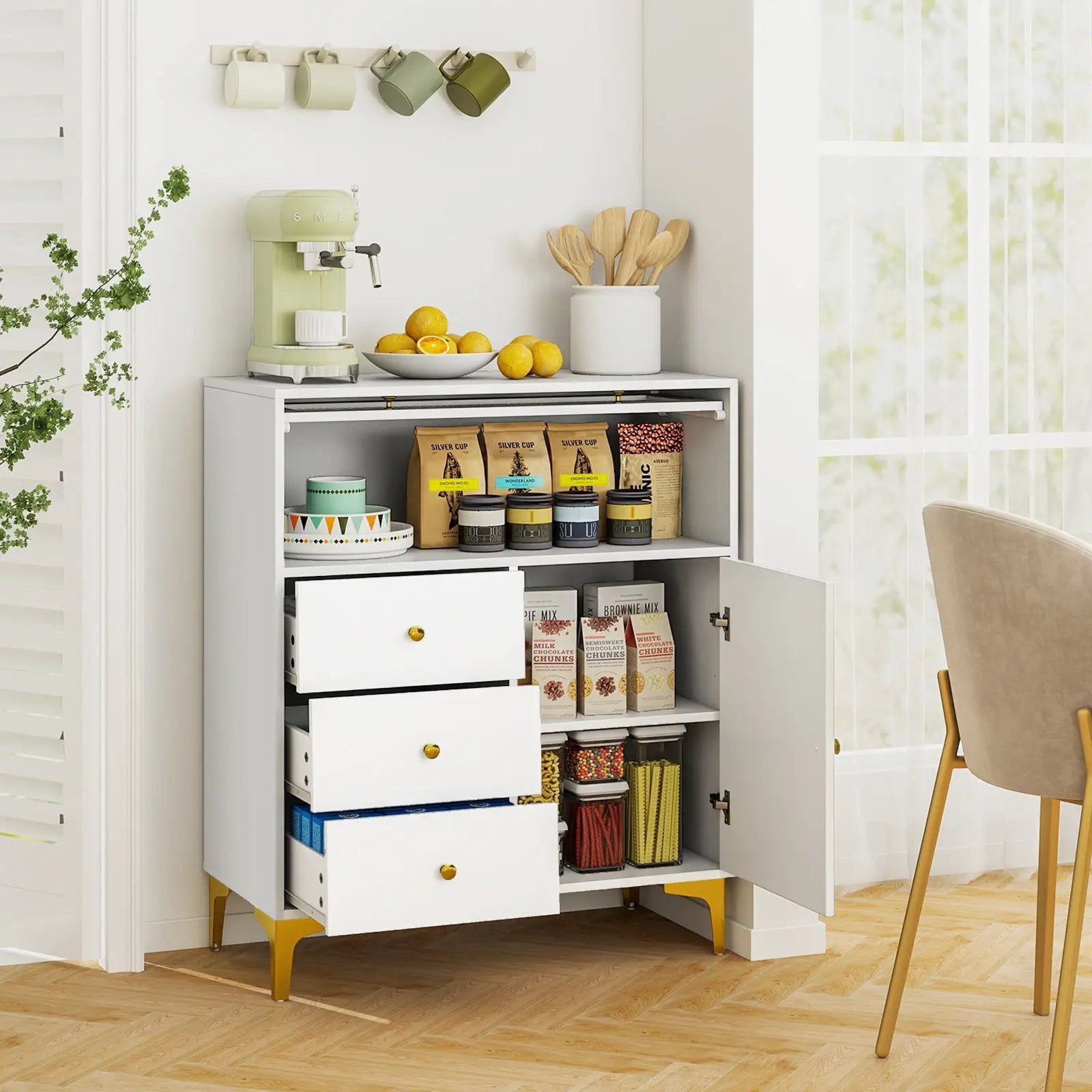 Chest of Drawers with Flip Up Fluted Glass Door for Bedroom Kitchen-Gray by DirectDeals