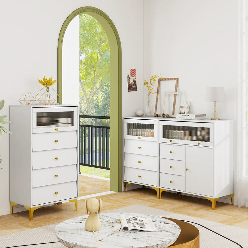 Chest of Drawers with Flip Up Fluted Glass Door for Bedroom Kitchen-Gray by DirectDeals