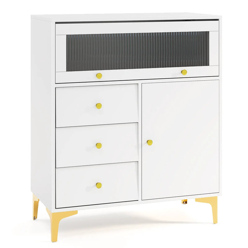 Chest of Drawers with Flip Up Fluted Glass Door for Bedroom Kitchen-Gray by DirectDeals