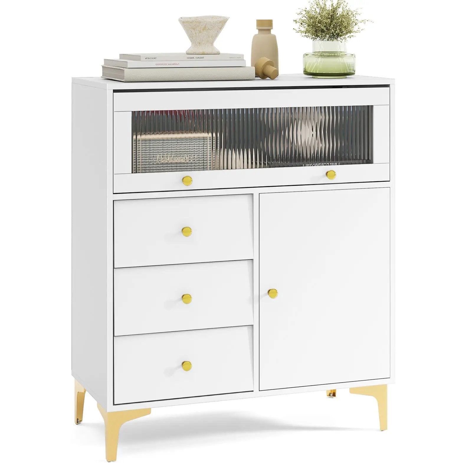 Chest of Drawers with Flip Up Fluted Glass Door for Bedroom Kitchen-Gray by DirectDeals