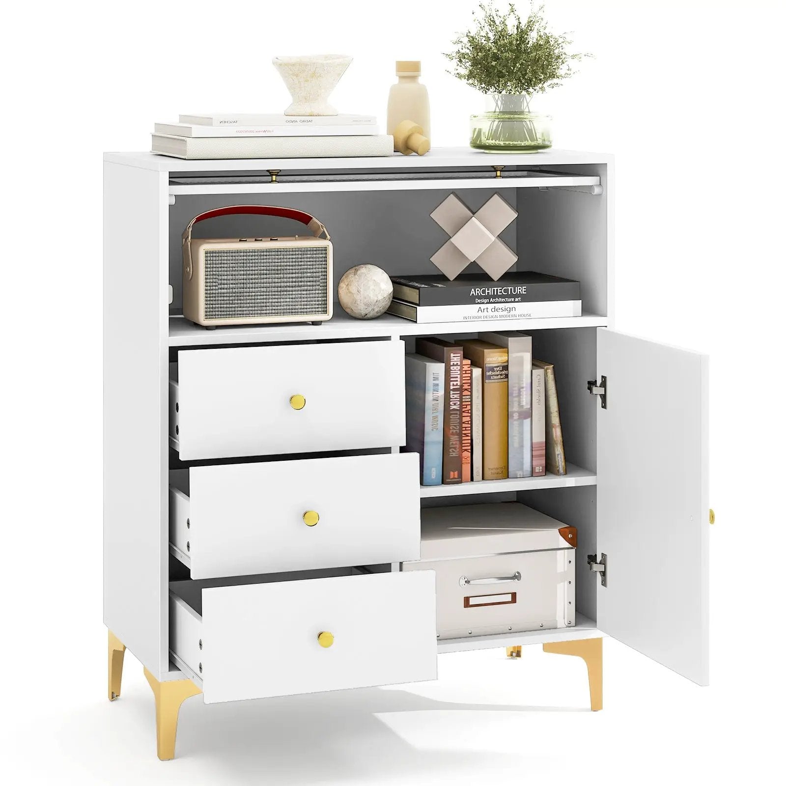 Chest of Drawers with Flip Up Fluted Glass Door for Bedroom Kitchen-Gray by DirectDeals