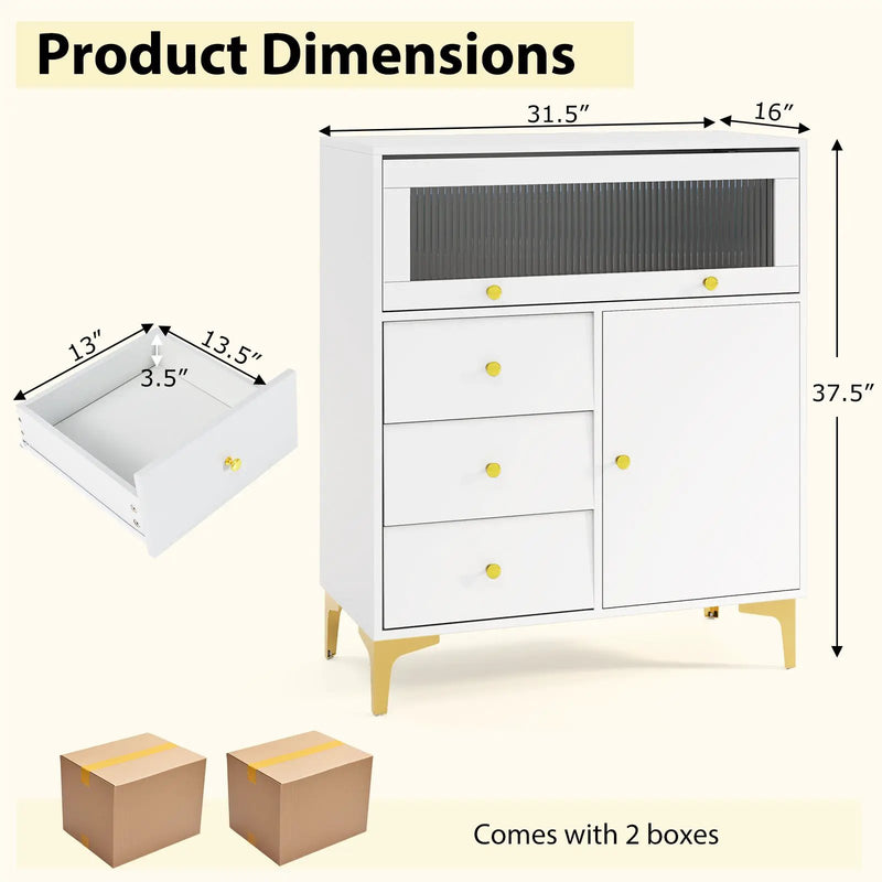 Chest of Drawers with Flip Up Fluted Glass Door for Bedroom Kitchen-Gray by DirectDeals
