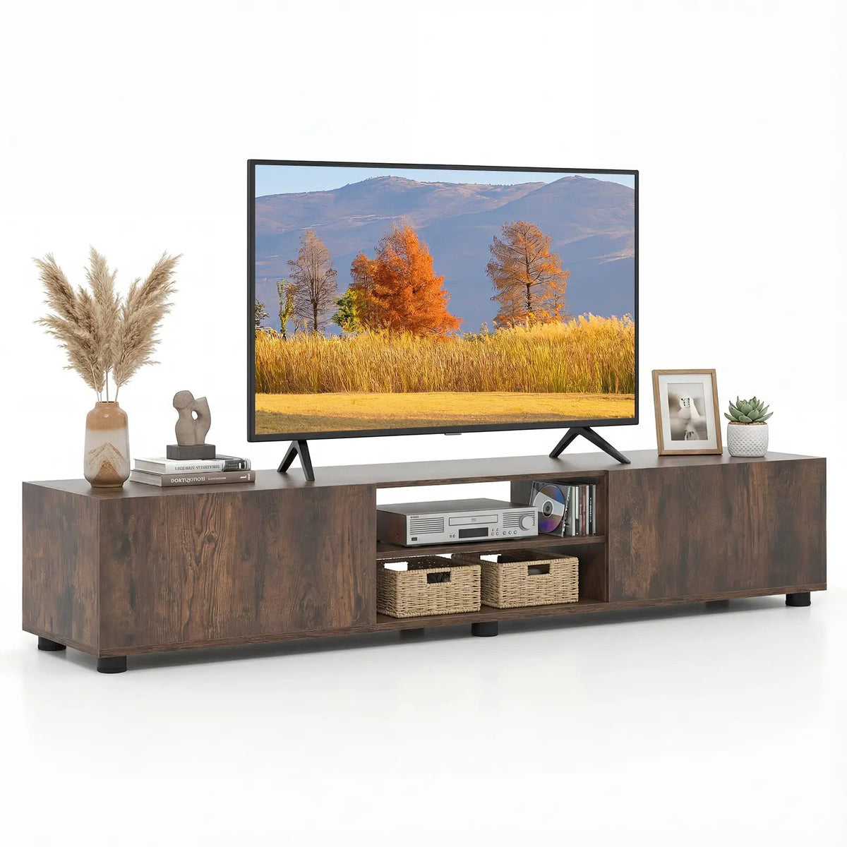 Modern TV Stand for up to 70" TVs Minimalist Entertainment Center with 2 Doors and Open Shelves-Rustic Brown, photo 4 of 10