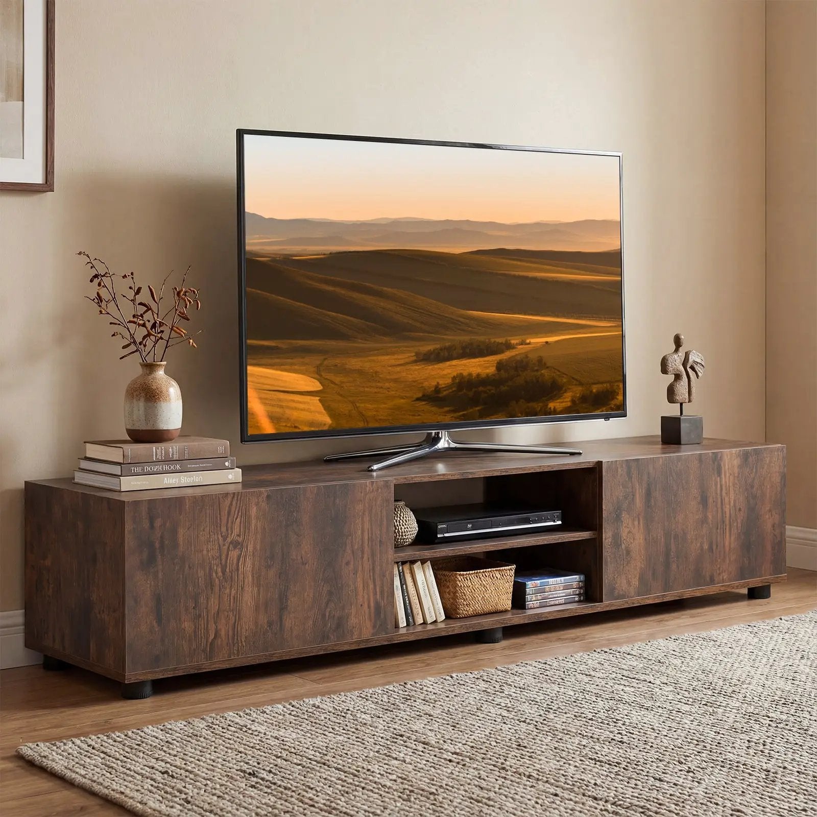 Modern TV Stand for up to 70" TVs Minimalist Entertainment Center with 2 Doors and Open Shelves-Rustic Brown by DirectDeals