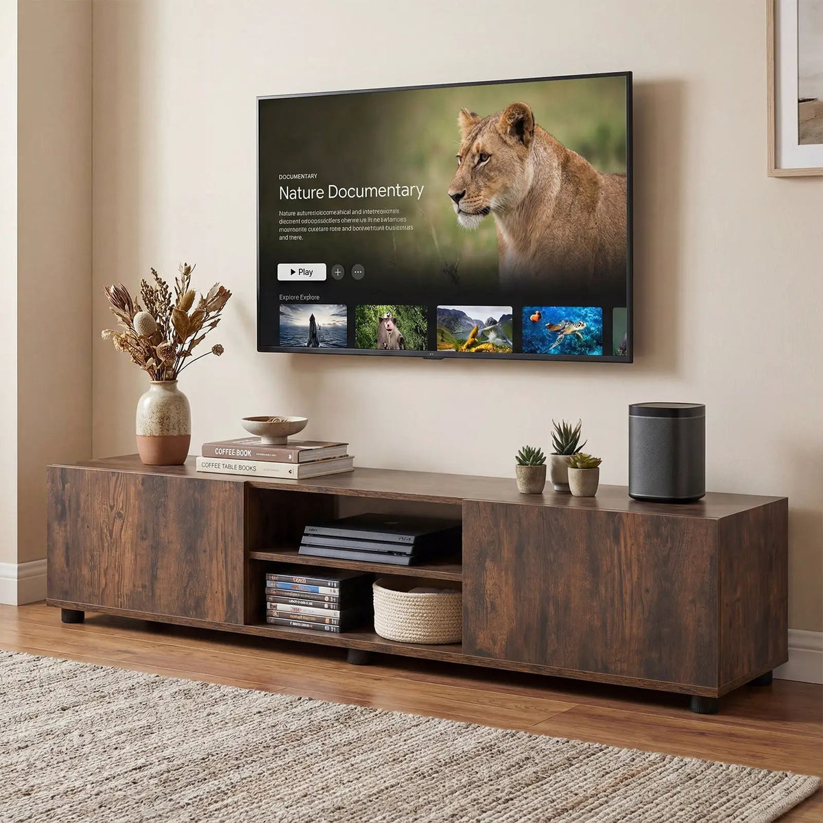 Modern TV Stand for up to 70" TVs Minimalist Entertainment Center with 2 Doors and Open Shelves-Rustic Brown, photo 2 of 10
