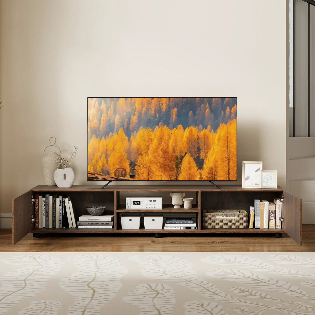 Modern TV Stand for up to 70" TVs Minimalist Entertainment Center with 2 Doors and Open Shelves-Rustic Brown, photo 6 of 10