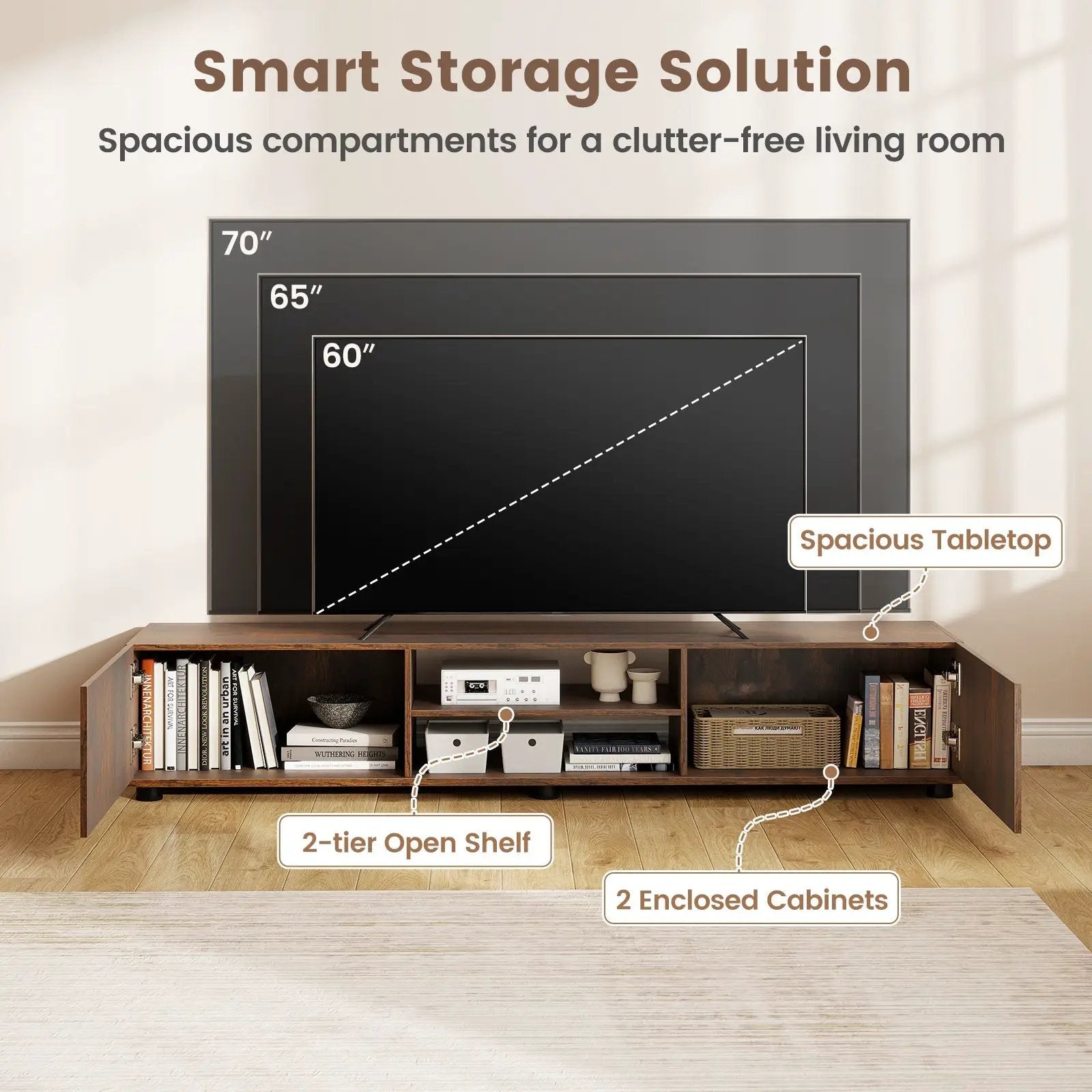 Modern TV Stand for up to 70" TVs Minimalist Entertainment Center with 2 Doors and Open Shelves-Rustic Brown by DirectDeals