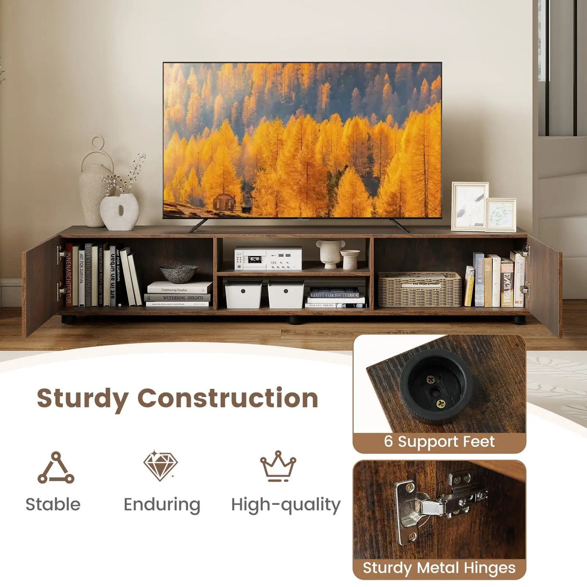 Modern TV Stand for up to 70" TVs Minimalist Entertainment Center with 2 Doors and Open Shelves-Rustic Brown, photo 8 of 10