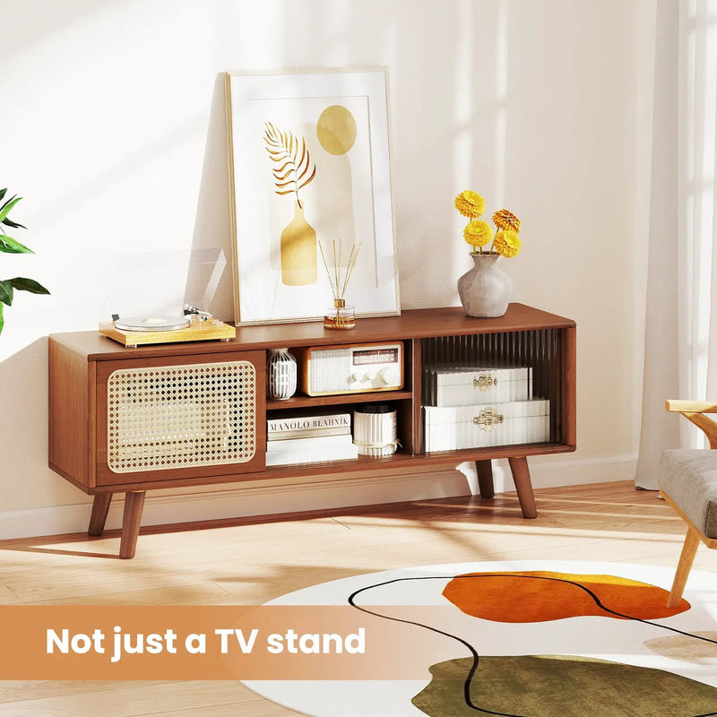 Modern TV Stand with Rattan Glass Sliding Doors by DirectDeals