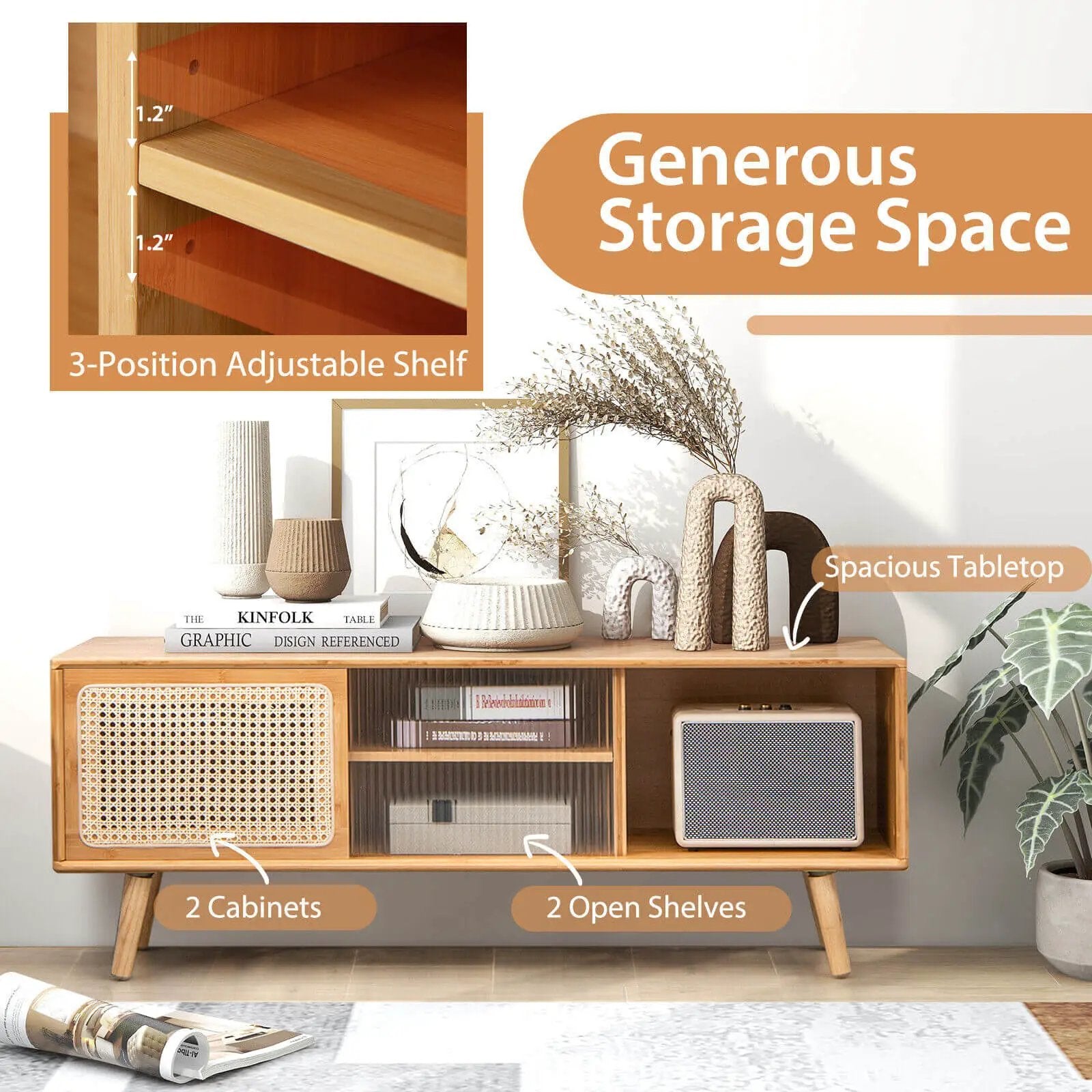 Modern TV Stand with Rattan Glass Sliding Doors by DirectDeals