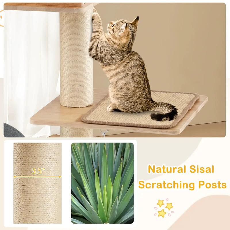 Modern Tall Cat Tower with Double Condos with Dangling Balls and Sisal Carpets-Natural by DirectDeals