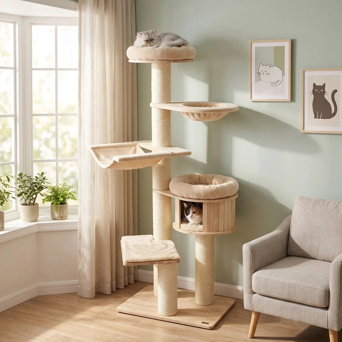 75.5" Tall Cat Tree with Sisal Posts, Hammock & Basket by DirectDeals