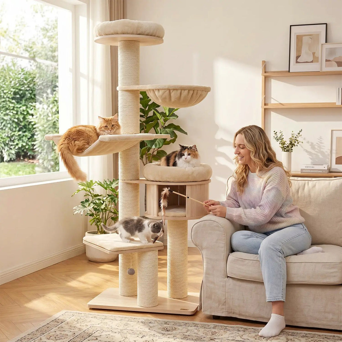 75.5" Tall Cat Tree with Sisal Posts, Hammock & Basket by DirectDeals