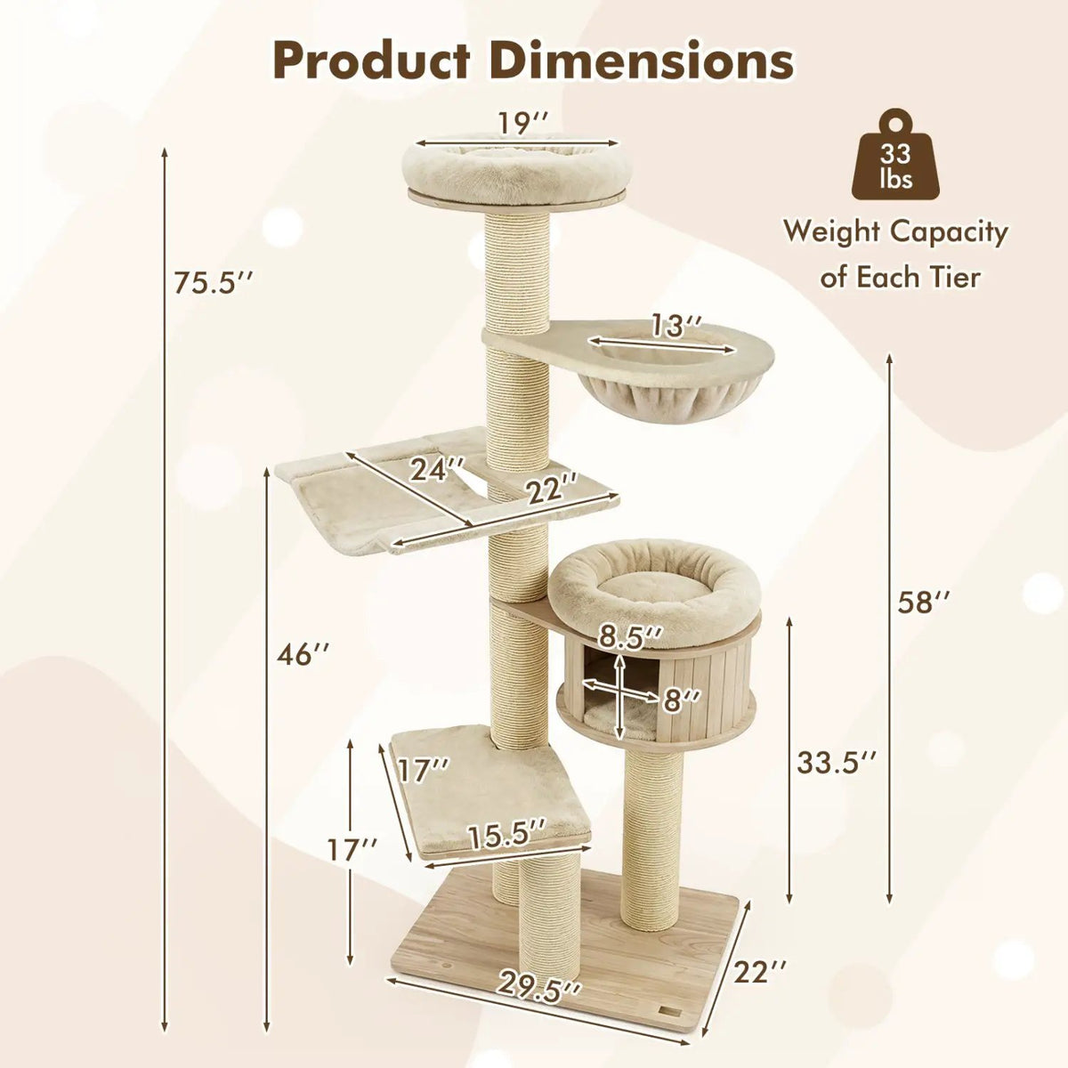 75.5" Tall Cat Tree with Sisal Posts, Hammock & Basket by DirectDeals
