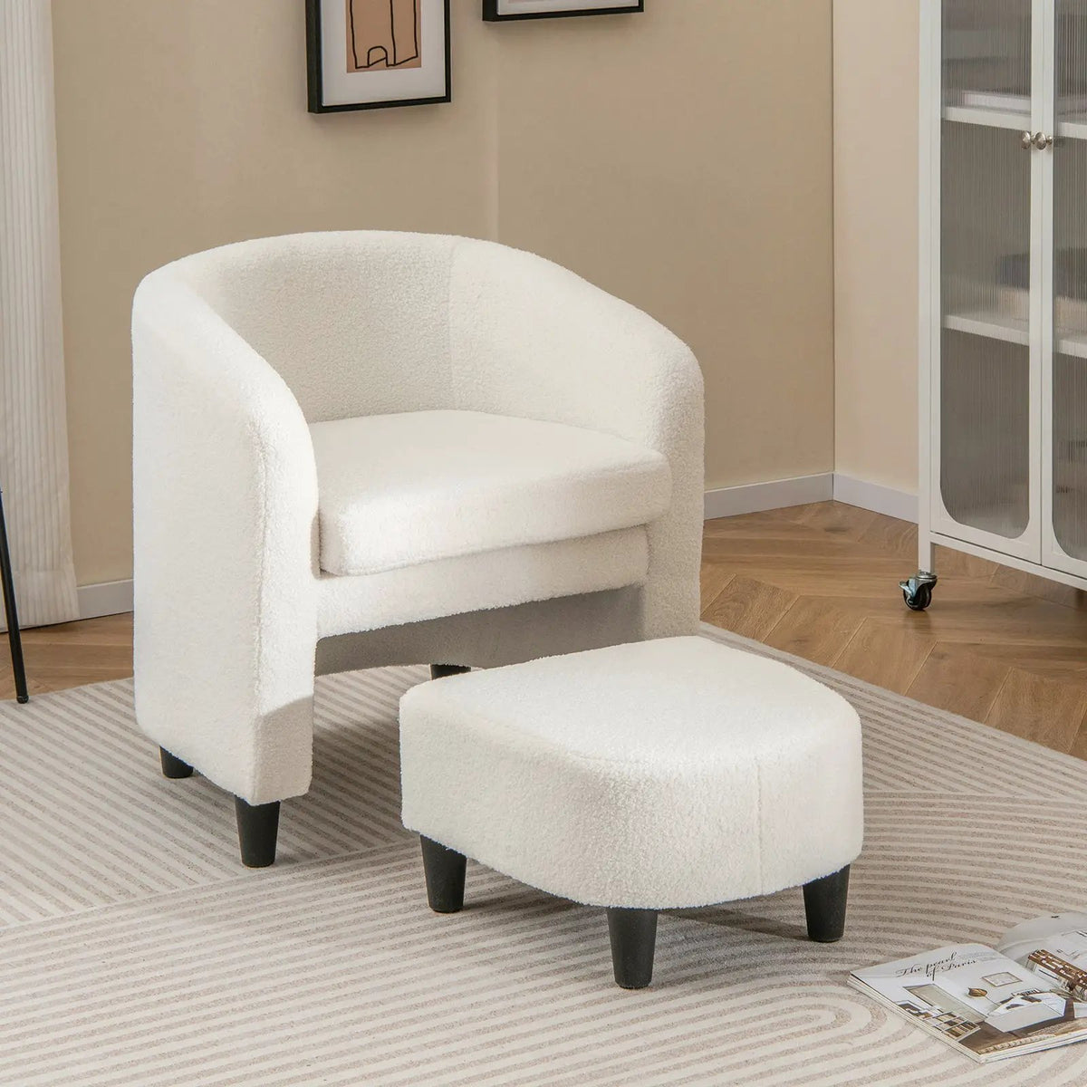 Modern Upholstered Barrel Teddy Velvet Chair with Ottoman, photo 2 of 16