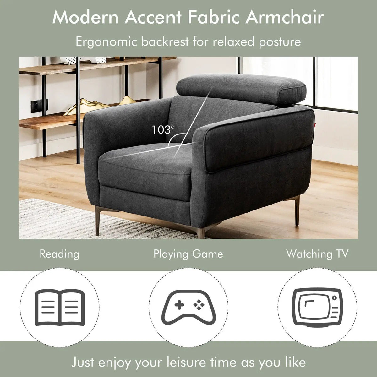 Modern Upholstered Single Sofa with Adjustable Headrest, photo 15 of 16