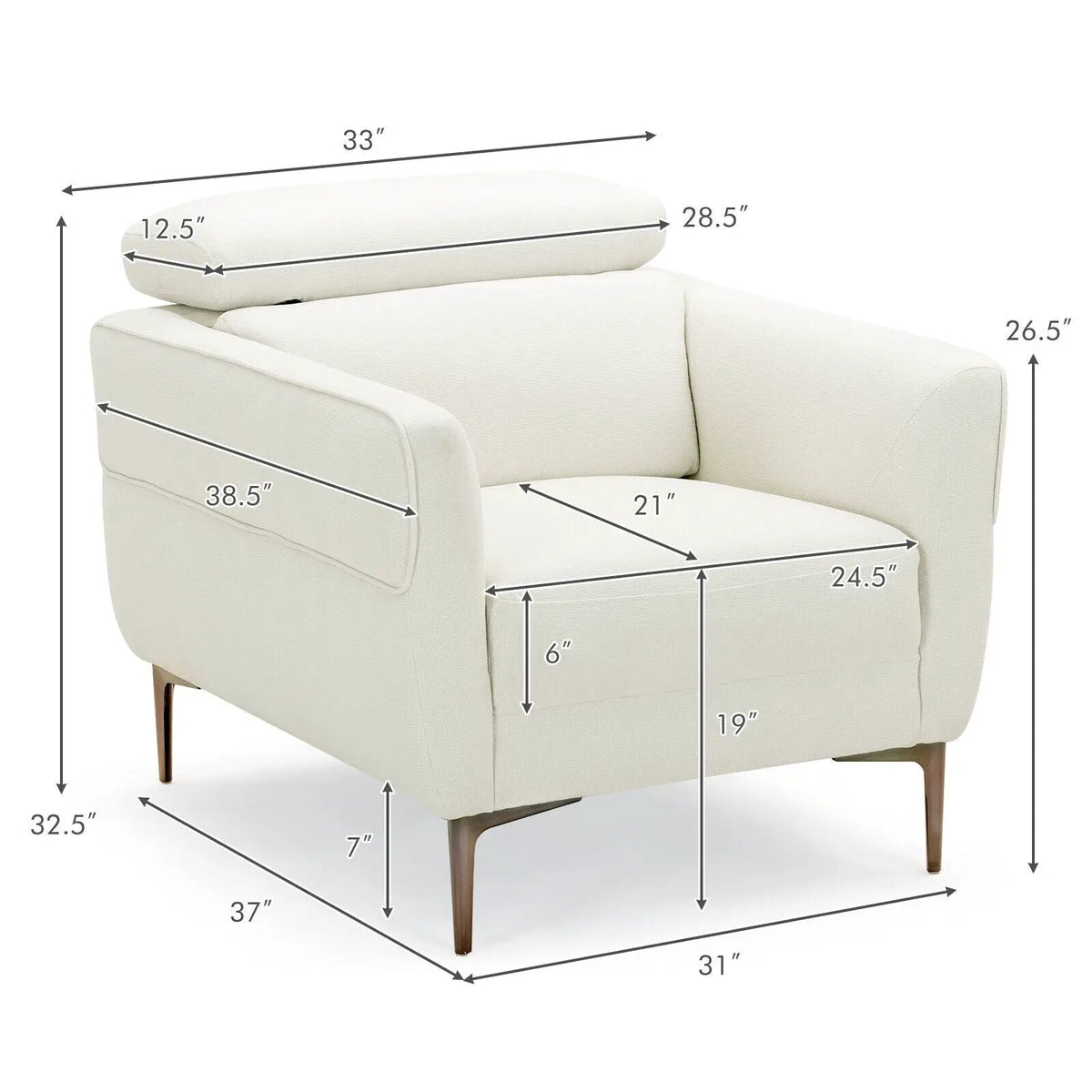 Modern Upholstered Single Sofa with Adjustable Headrest, dimensions drawing 2