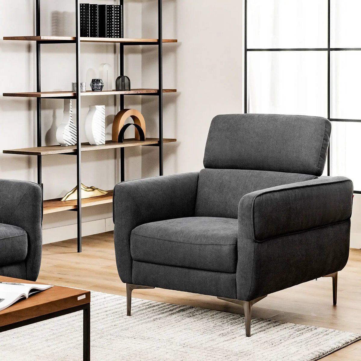Modern Upholstered Single Sofa with Adjustable Headrest, installed in a room
