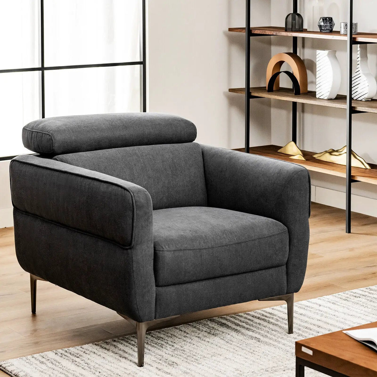 Modern Upholstered Single Sofa with Adjustable Headrest, installed in a room 3